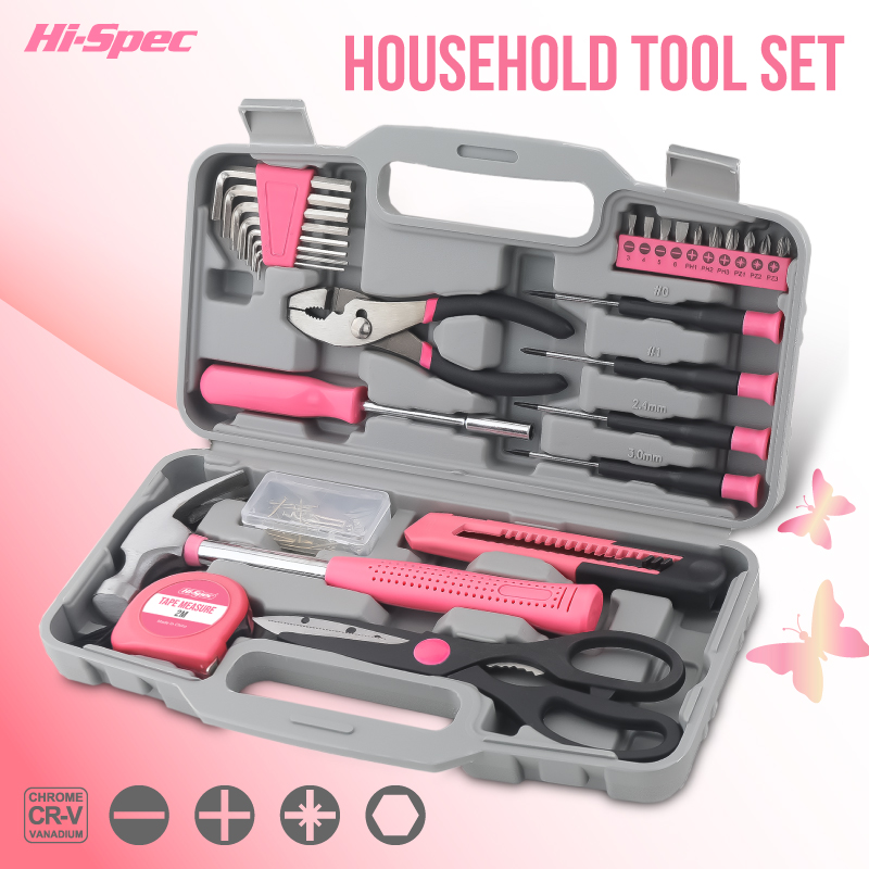 Woodworking Essential Tools - Hi-Spec 62-częściowy różowo-czarny zestaw narzędzi domowych